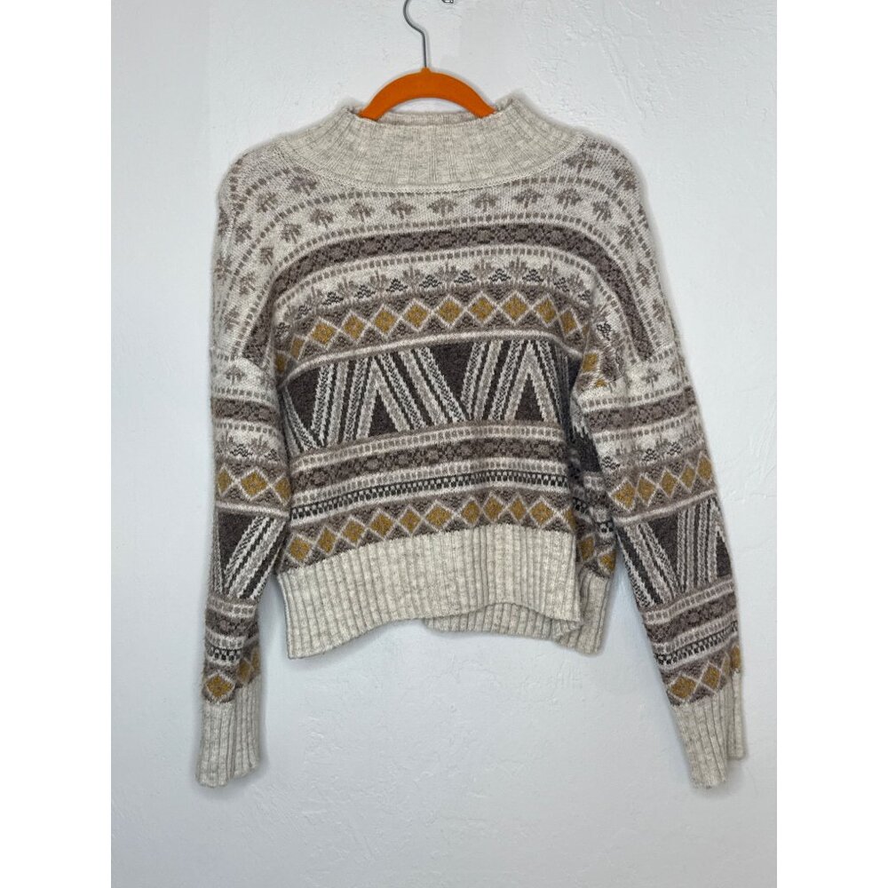 Marled Nordic Print Cream Brown Cropped Mock Neck Wool Blend Sweater SIze Medium
